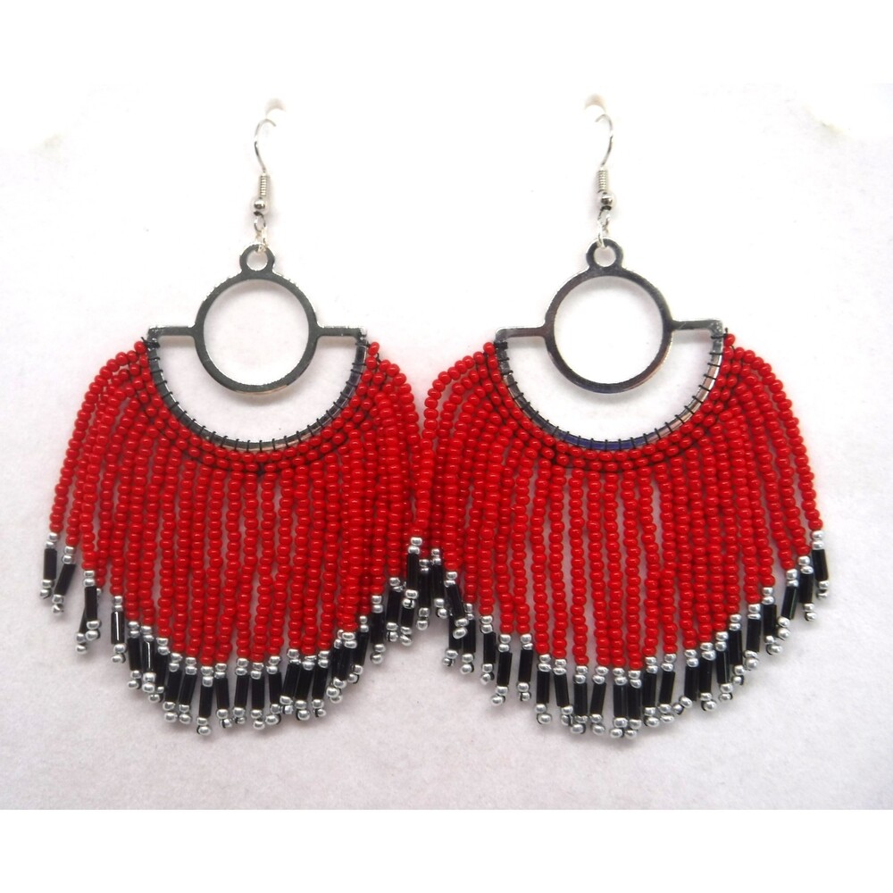 Earrings Beaded Red, Black & Silver - Picture 1 of 3